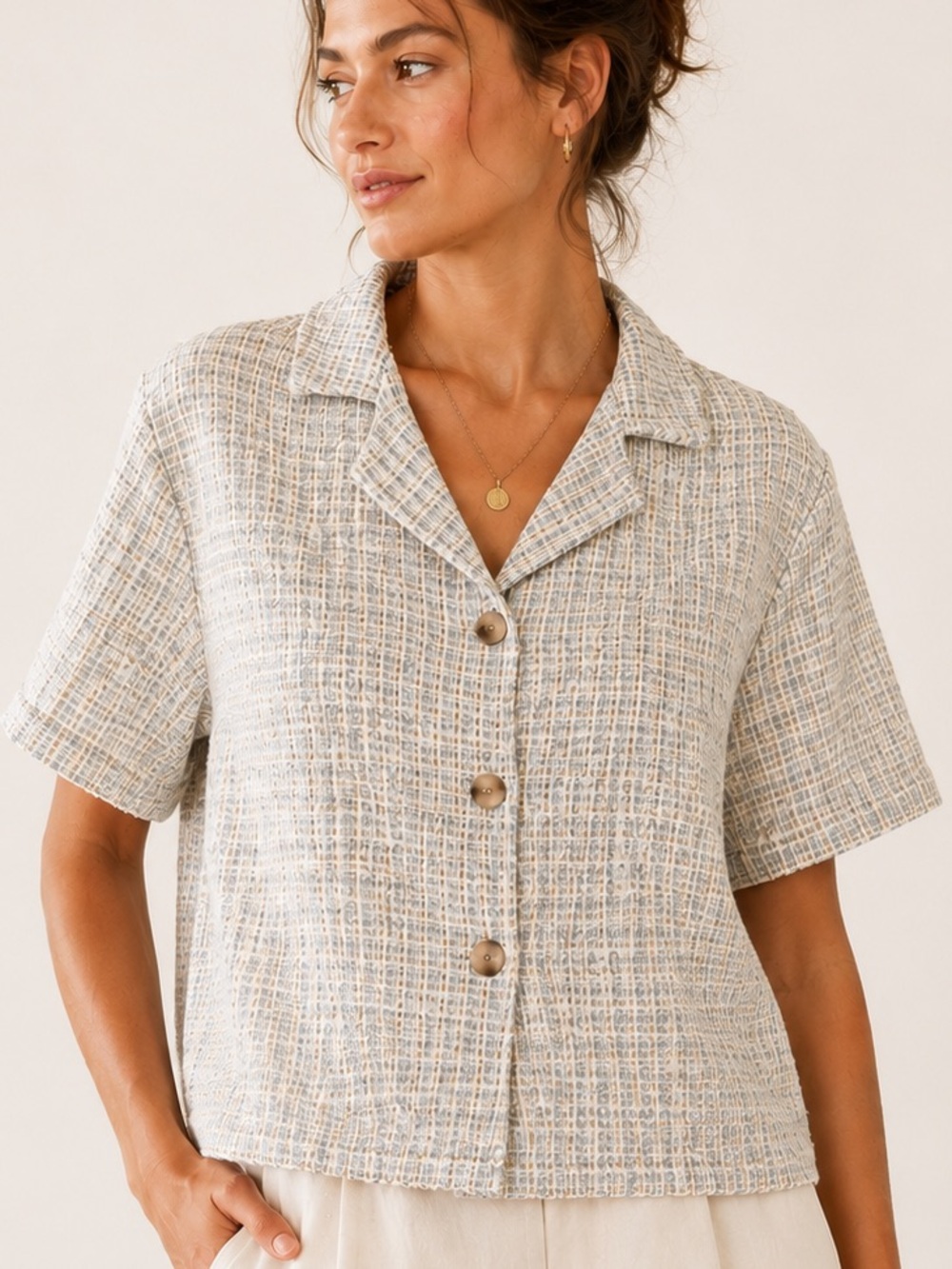 Bouclé Tweed Button-Up Short Sleeve Shirt Blouse Size M